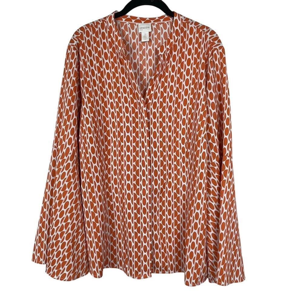 Chico's‎ Size 2 US 12 Button Up Orange Beige Geometric Print Top 3/4 Bell Sleeve